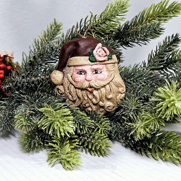 Vtg Christmas 3 “ Handmade Carved Hanging Santa Claus Face Rose Tree Ornament - Picture 8 of 8
